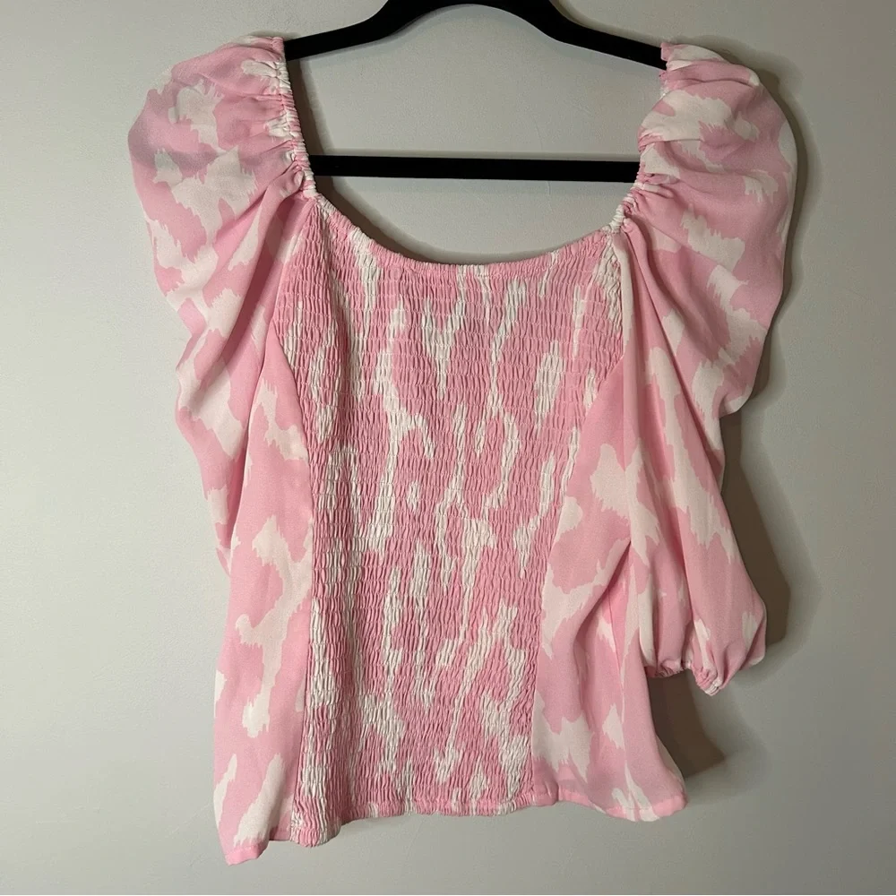 Anthropologie Buddy Love Pink White Abstract Print Puff Sleeve Demi Top